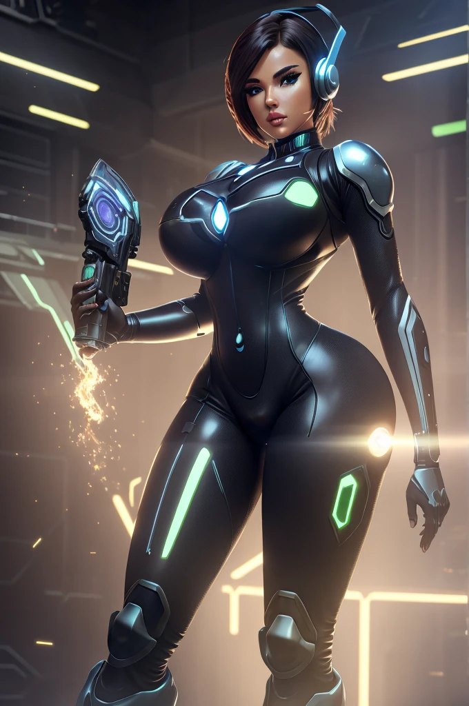 a girl wearing mecha cyber armor,technology bodysuit,smart lines in the costume, thick thighs,cleavage,tech boots,tech gloves,(mechanized valkyrie girl),full body,high heels,intricate details,hyper realistic,8k,award winning,cinematic lighting,dynamic pose,dramatic colors,complex patterns,futuristic,cyberpunk,chiaroscuro lighting,highly detailed,photorealistic,unreal engine,volumetric fog,advanced rendering, technology pistol in hands shining.