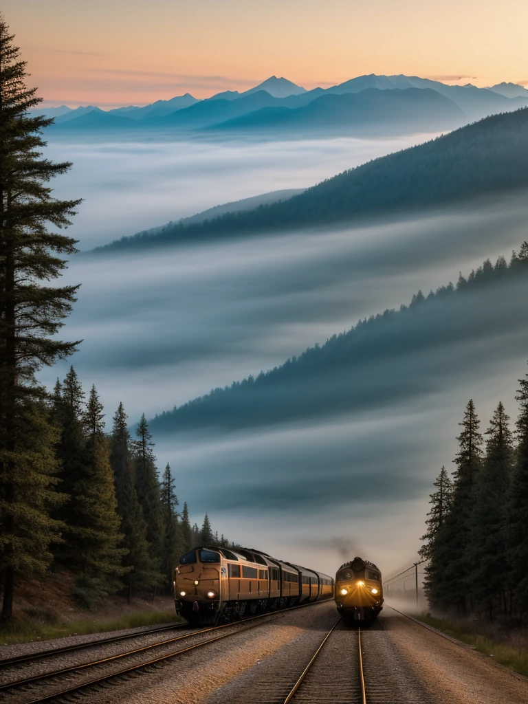 The image you describe suggests an atmosphere of mystery and natural beauty. Imagine a train slowly traveling along the tracks that wind through mountains shrouded in fog. Mountains appear as dark, imposing silhouettes, with the fog creating a mysterious aura around them. The train, illuminated by your lights, contrasts with the hazy surrounding scenery, creating a focal point in the scene. The composition conveys a feeling of journey, adventure and contemplation of the vastness and beauty of nature.