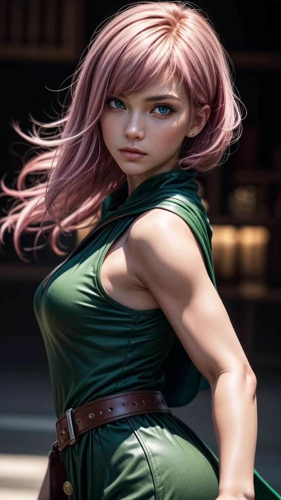 a determined female archer with pink hair and bangs, square cut hairstyle, big blue eyes, arrow holder on the back, wearing a short sleeveless green dress, green cape, barefoot, big leather belt, (best quality,4k,8k,highres,masterpiece:1.2),ultra-detailed,(realistic,photorealistic,photo-realistic:1.37),dynamic point of view,clash royale character,studio lighting,vivid colors,sharp focus