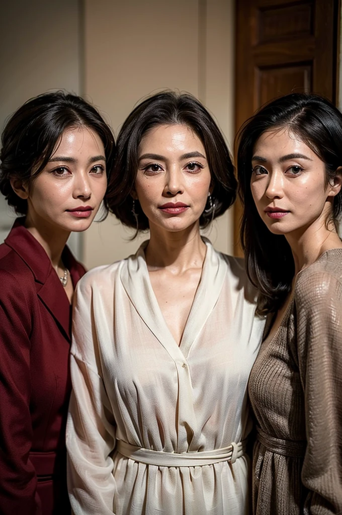 (masterpiece : 1.5), (super detailed : 1.5), (realistic : 1.5), (3 woman : 1.5), (3 woman standing side by side), (they are all 66 years old : 1.3), beautiful mother, (wrinkles on her face : 1.2), (smirking : 1.2), (Each has a different hairstyle), (Each has a different business clothes), (in a small room : 1.2), (they all are same height), pores, skin blemishes, fleckles, realistic detailed skin, (face focus : 1.1)