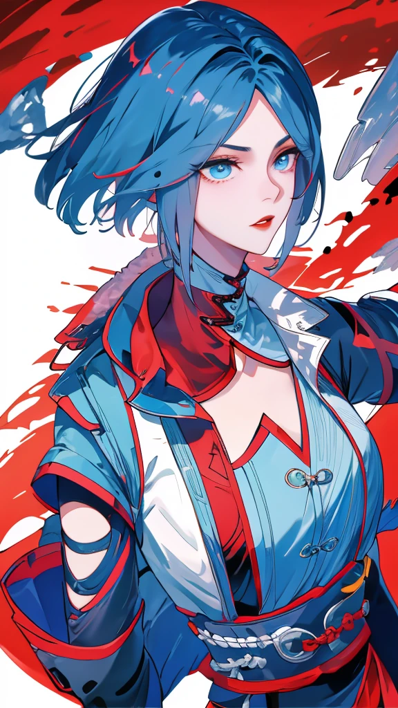 Masterpiece, Best quality, 1 Ji Ruxue, the expression is cold, strong, blue eyes, short hair, wolfcut hairstyle, smoky mix blue color hair, resolute eyes, red lips, simple Taoist Taoist uniform, Chinese mix morden, frontal photo, black or white background, simple background, anime, illustration, Chinese style short-sleeved shirt, cool girl, Fullbody, full HD