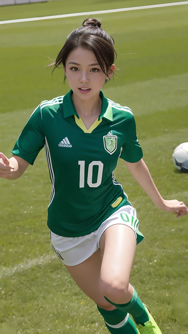 Girl with short green hair, Small size breasts,、Green Eyes, 、,Full body photo from head to toe、soccer player、Soccer uniforms、、Uplifting、Run in、Super Play、Shoot the soccer ball towards the goal、Hot Scene、Serious、