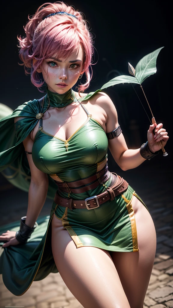 a determined female archer with pink hair and bangs, square cut hairstyle, big blue eyes, arrow holder on the back, wearing a short sleeveless green dress, green cape, barefoot, big leather belt, (best quality,4k,8k,highres,masterpiece:1.2),ultra-detailed,(realistic,photorealistic,photo-realistic:1.37),dynamic point of view,clash royale character,studio lighting,vivid colors,sharp focus