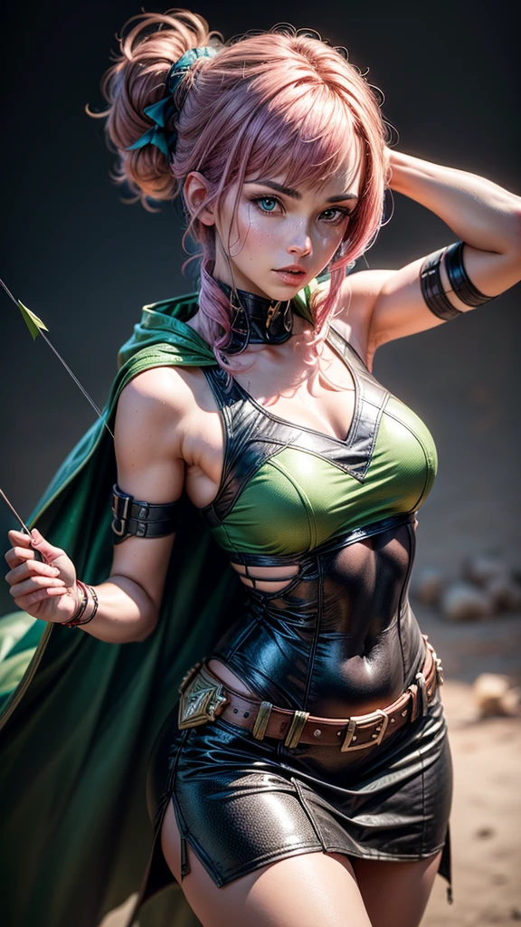 goblin girl in a sexy hunter outfit in the forest, god, slim, green hair, big red lips, Big orange eyes,  a top with a large neckline on the chest, small leather skirt, mid-thigh boots, on your back there is a bow and a quiver of arrows, on her knees sucking dick 