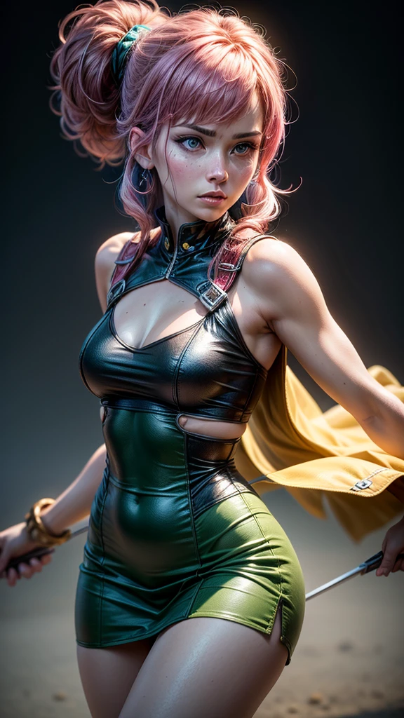 a determined female archer with pink hair and bangs, square cut hairstyle, big blue eyes, arrow holder on the back, wearing a short sleeveless green dress, green cape, barefoot, big leather belt, (best quality,4k,8k,highres,masterpiece:1.2),ultra-detailed,(realistic,photorealistic,photo-realistic:1.37),dynamic point of view,clash royale character,studio lighting,vivid colors,sharp focus