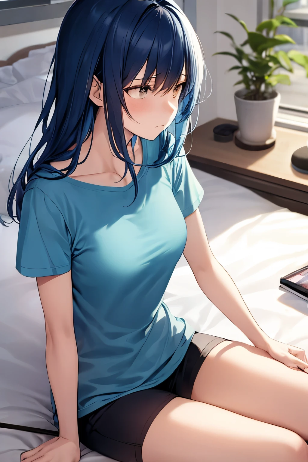 Room photo of young woman with blue hair, sad, Cute T-shirts, Holding a fan in hand, Sitting in bed to escape the heat，comics