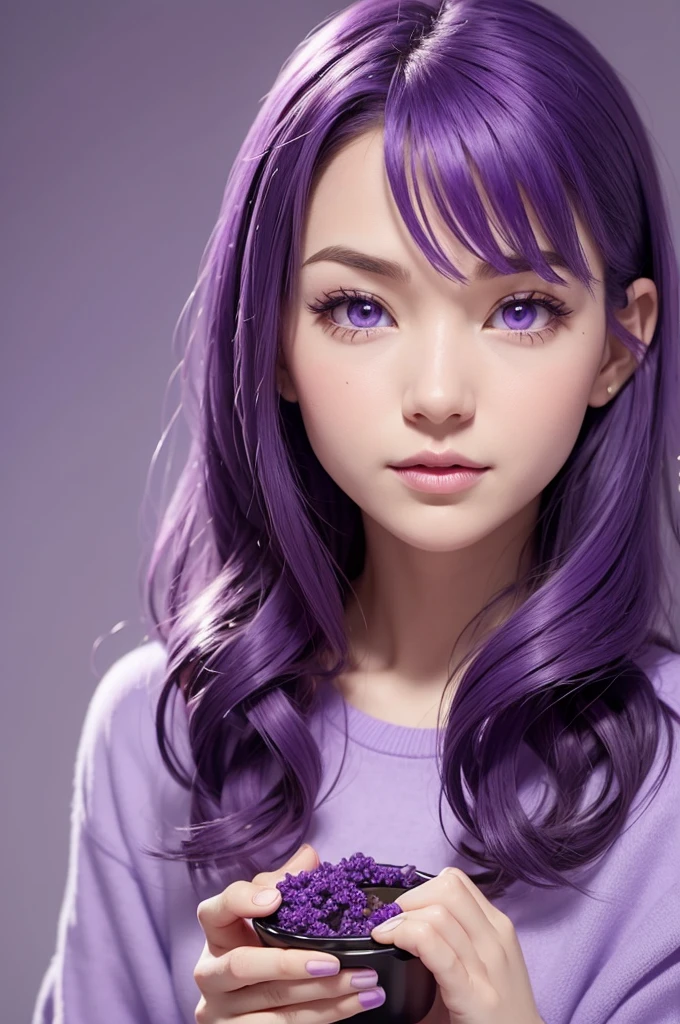 Disney pixar cartoon drawing for children purple hair and purple eyes and PURPLE SKIN EATING AÇAI