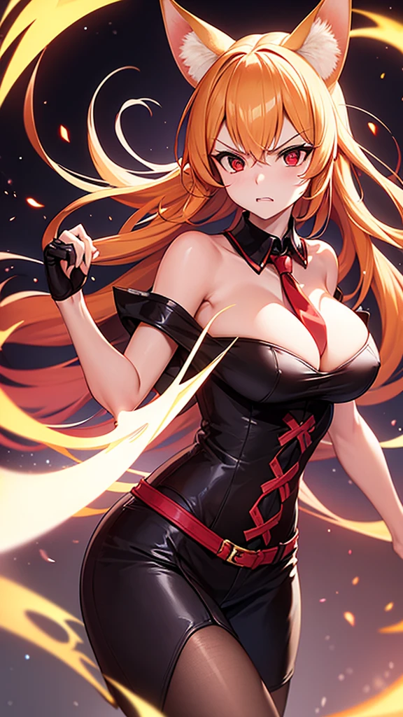 An adult woman, half fennec fox, fiery hair, red eyes, large breasts, very angry, holding a bow