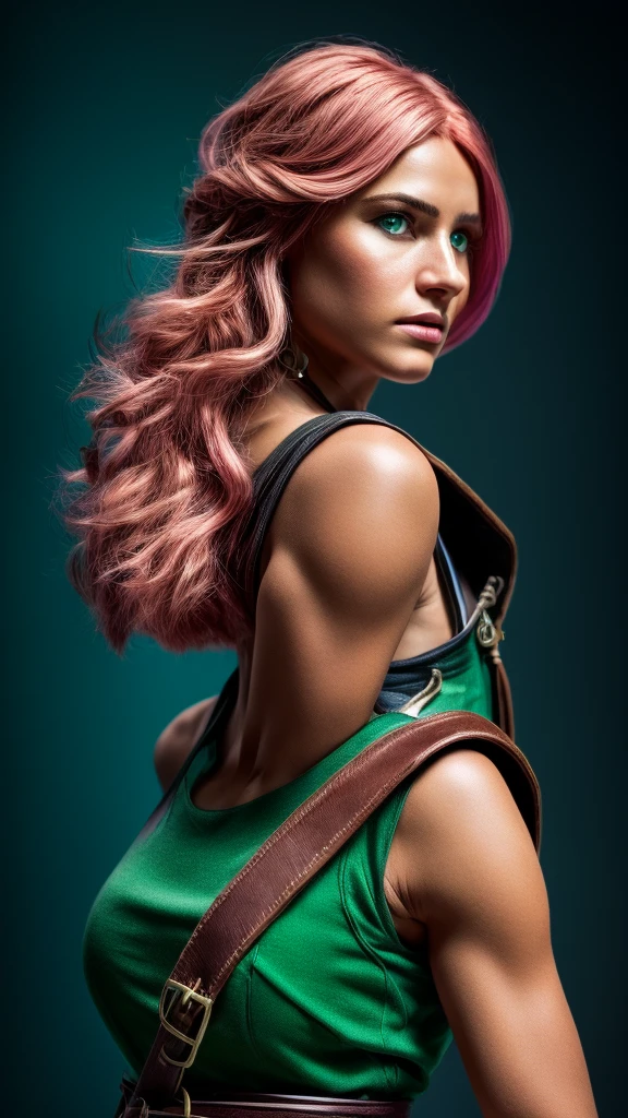 a determined female archer with pink hair and bangs, square cut hairstyle, big blue eyes, arrow holder on the back, wearing a short sleeveless green dress, green cape, barefoot, big leather belt, (best quality,4k,8k,highres,masterpiece:1.2),ultra-detailed,(realistic,photorealistic,photo-realistic:1.37),dynamic point of view,clash royale character,studio lighting,vivid colors,sharp focus