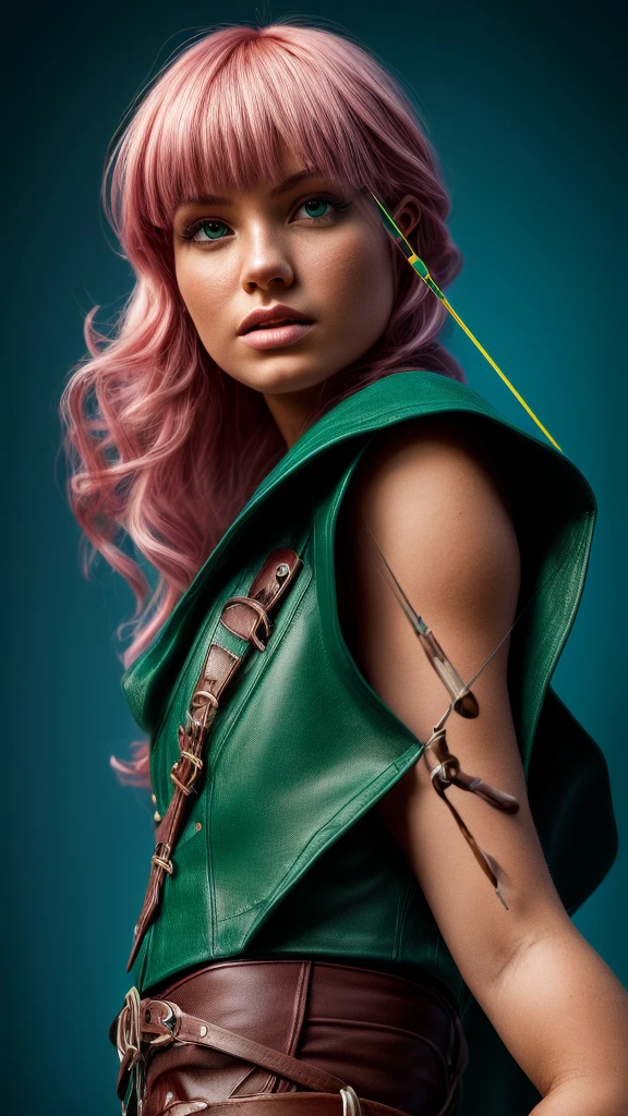 a determined female archer with pink hair and bangs, square cut hairstyle, big blue eyes, arrow holder on the back, wearing a short sleeveless green dress, green cape, barefoot, big leather belt, (best quality,4k,8k,highres,masterpiece:1.2),ultra-detailed,(realistic,photorealistic,photo-realistic:1.37),dynamic point of view,clash royale character,studio lighting,vivid colors,sharp focus