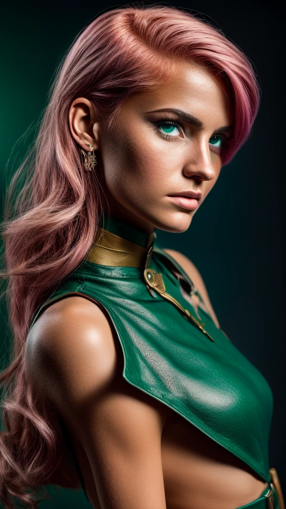 a determined female archer with pink hair and bangs, square cut hairstyle, big blue eyes, arrow holder on the back, wearing a short sleeveless green dress, green cape, barefoot, big leather belt, (best quality,4k,8k,highres,masterpiece:1.2),ultra-detailed,(realistic,photorealistic,photo-realistic:1.37),dynamic point of view,clash royale character,studio lighting,vivid colors,sharp focus