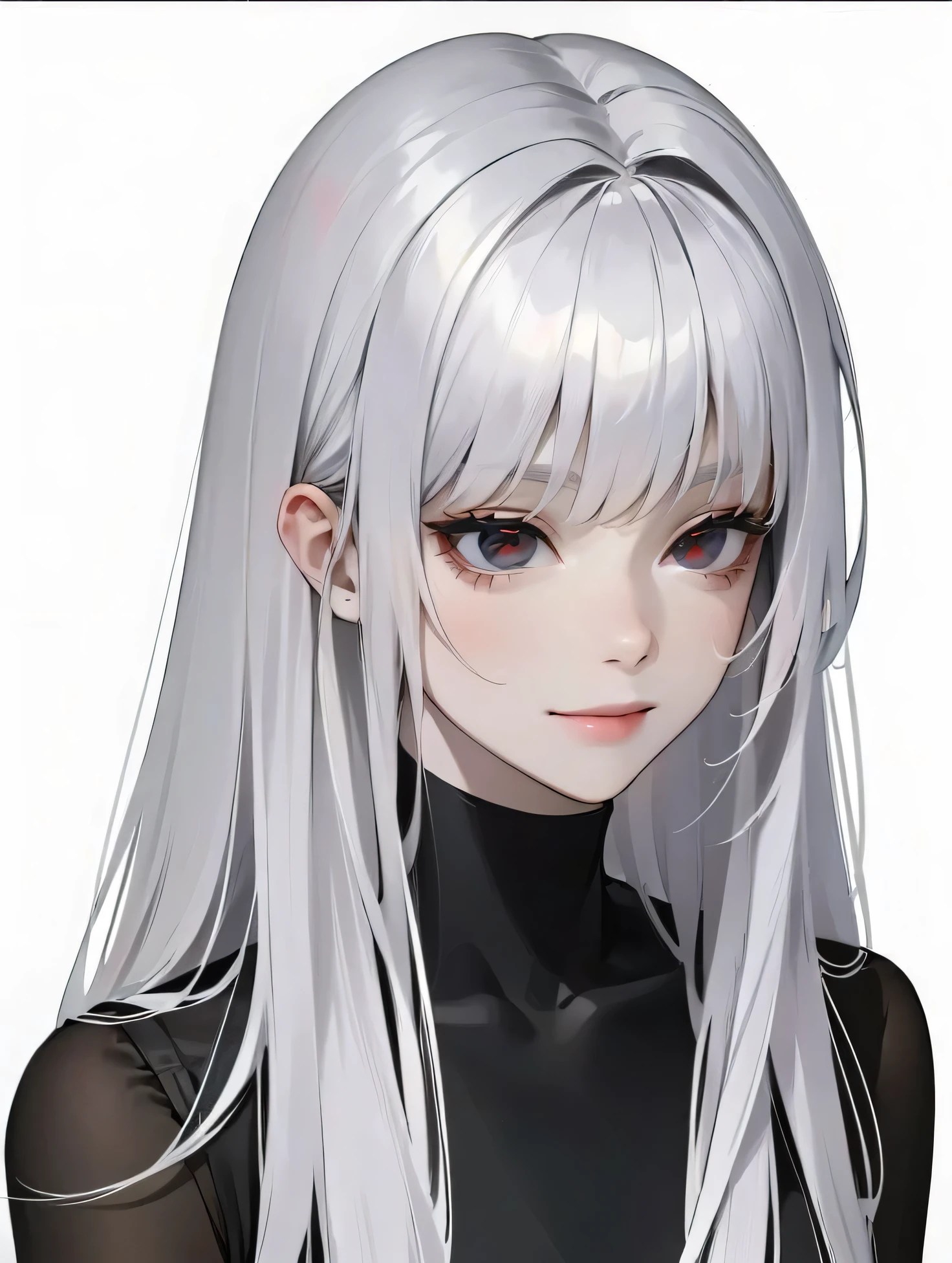 smiling, white hair, red eyes, ultra quality, dark theme