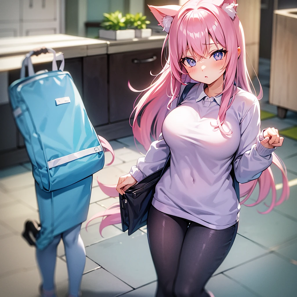 Pastel colors Student Cat-eared girl Pink hair Light purple eyes Blue eyes Blushing Huge breasts Standing figure