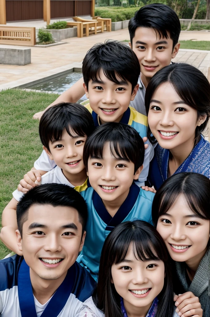 Draw a family portrait of me, Xiao Gong and our three children,Xiao Gong is a character from a game called Genshin Impact, who has a cheerful and lively personality.,Please draw a picture with the second dimension as the photo