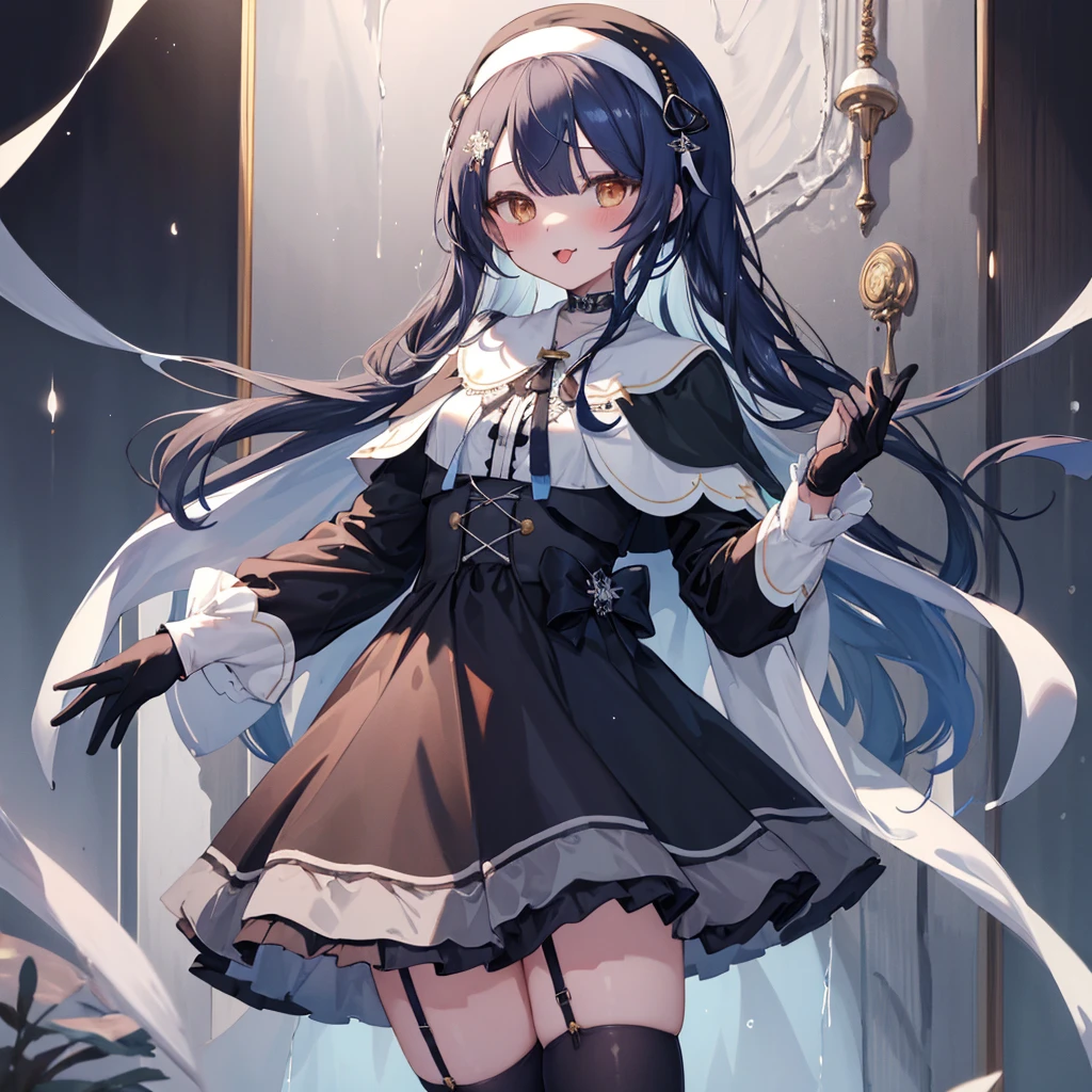 ((Highest quality)), ((masterpiece)), (detailed), (nsfw), a painting that is a woman dressed in clothes a nun or something, 1girl, 独奏, long hair, nun, dress, thighhighs, gloves, White Capelet, white gloves, long tongue, brown eyes, looking at viewer, tongue, black thighhighs, blush, black dress, long sleeves, capelet, bangs, (wet)