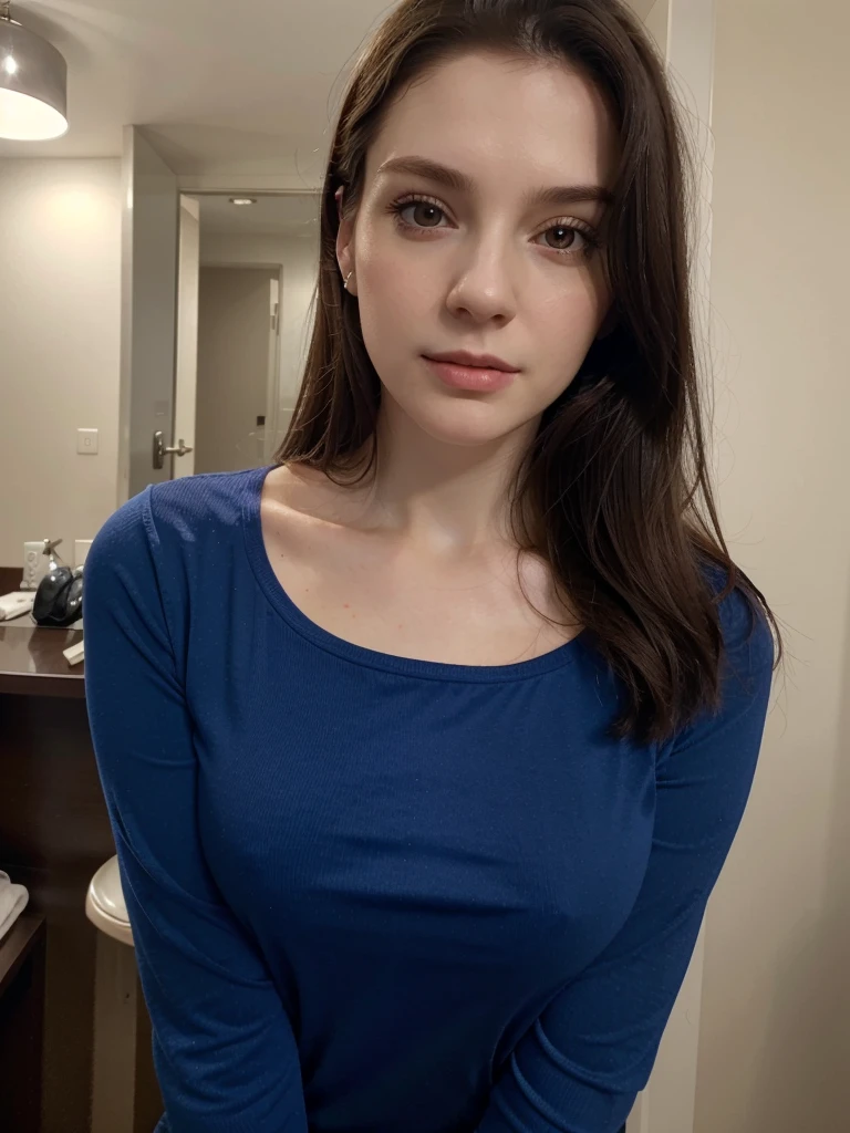 Selfie, Ultrarealistic, (pale skin), dark brown hair, blue long sleeve top, , upper body, hotel room, (selfy with front camera)