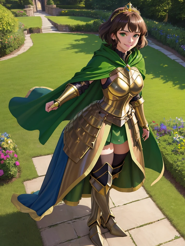 masterpiece, best quality:1.2), 1girl, smile, looking at viewer, green eyes, short brown hair, princess, armor, , pauldrons, armored dress, green cloak cape, wearing puffy blue ballgown skirt, golden tiara with green gem, armored boots, fingerless gloves, standing in medieval garden