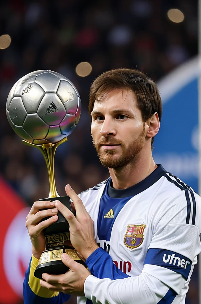 Show me a picture of Lionel Messi holding a puskas award

