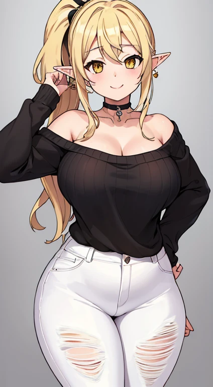masterpiece, best quality, highres, ((Slim thicc waifu:1.3)), large breasts, elf, yellow eyes, blonde hair in short high ponytail, (black choker), (White sweater), jewelry, (ripped skinny jeans), long sleeves, cowboy shot, standing, field, smile, hands on face, hearts