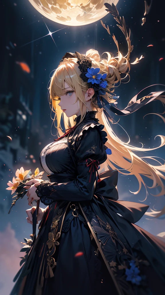 masterpiece, high quality, 4K, Beautiful design, silhouette，blonde， 非常に詳細な夜のStarry Sky,Flower Field， wonderful, Finer details,  Very knowledgeable woman, Highly detailed solo, 1 female,Big Breasts，Gothic Lolita Fashion，Night view，Starry Sky，full moon，