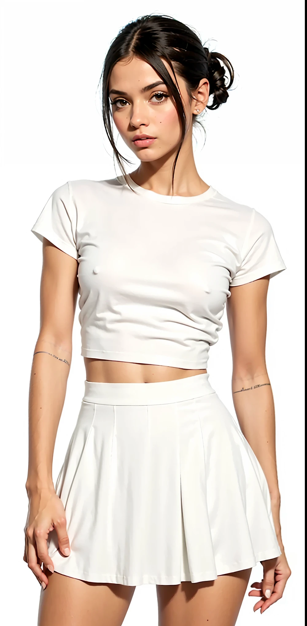 a woman in a White top and skirt posing for a picture, White top, with torn t-shirt, top cut, top cut, wearing a cropped tops, plain and tight white suit, trendy white  clothes, casual white clothes, wearing a cropped top, usando um top cropped sexy, wearing top cut, plain white undershirt, white  clothes, white undershirt