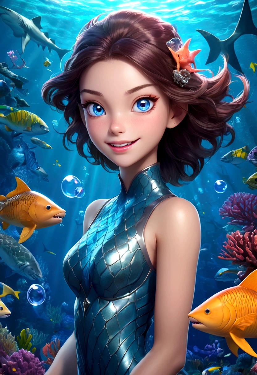 a beautiful girl with shark-like features, interactive，game，interesting，Bubbles，glowing blue eyes, sharp teeth, Fangs，scaly skin, floating in an underwater fantasy scene with kelp, coral, and schools of tropical fish, detailed realistic 3d render, cinematic lighting, vivid colors, concept art style