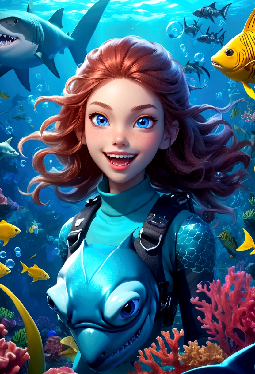 a beautiful girl with shark-like features, interactive,game,interesting,Bubbles,glowing blue eyes, sharp teeth, Fangs,scaly skin, floating in an underwater fantasy scene with kelp, coral, and schools of tropical fish, detailed realistic 3d render, cinematic lighting, vivid colors, concept art style