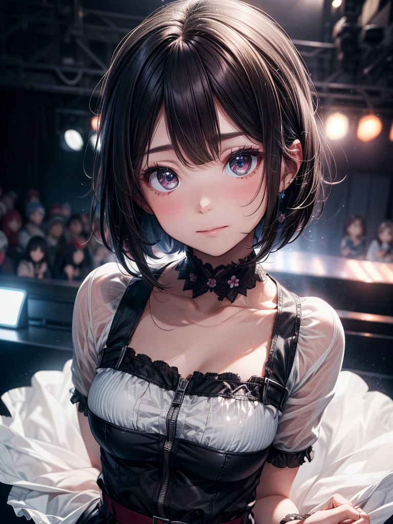 ((Best of the highest quality, 8k, Masterpiece, raw photo: 1.2)), (Sharp focus: 1.2), (1 AESPA, slim body type female, 22 y/o: 1.1), solo, (realistic, photo-realistic:1.37), face focus, cute face, finely eyes, (forehead: 1.16), (sharp chin, droopy eyes: 1.32), (Emphasize prominent aegyo-sal with bright: 1.2), shimmering eyeshadow applied under the lower lash line, paired with thick, (short bob hair: 1.28), alternative outfit, walking on stage, microphone, flower, (from below: 1.16)