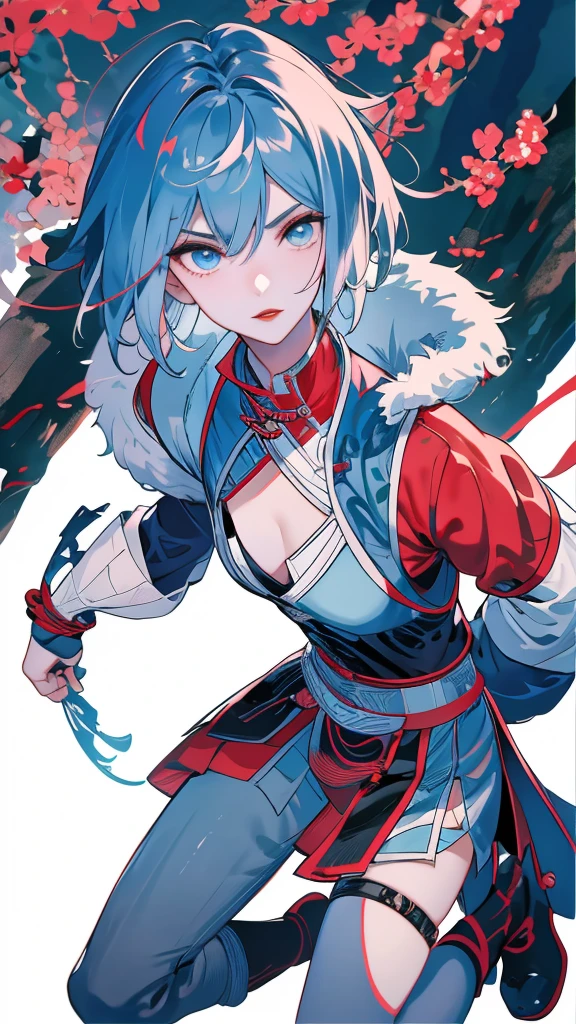 Masterpiece, Best quality, 1 Ji Ruxue, the expression is cold, strong, blue eyes, short hair, wolfcut hairstyle, smoky mix blue color hair, resolute eyes, red lips, simple Taoist Taoist uniform, Chinese mix morden, frontal photo, black or white background, simple background, anime, illustration, Chinese style short-sleeved shirt, cool girl, Fullbody, full HD