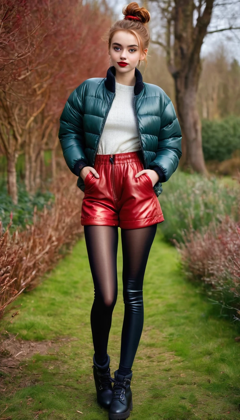 ultrarealistic high quality fullbody photo of a beautiful slim european  girl with cute hyperdetailed shy face and natural redhead short messy bun and mischievous face, realistic round hazel eyes, red lips, dark eye makeup with eyeliner, wearing shiny red puffer jacket and faux leather leggins, hourglass body, outdoor shooting