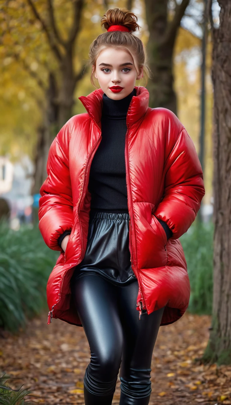 ultrarealistic high quality fullbody photo of a beautiful slim european teen girl with cute hyperdetailed shy face and natural redhead short messy bun and mischievous face, realistic round hazel eyes, red lips, dark eye makeup with eyeliner, wearing shiny red puffer jacket and faux leather leggins, hourglass body, outdoor shooting