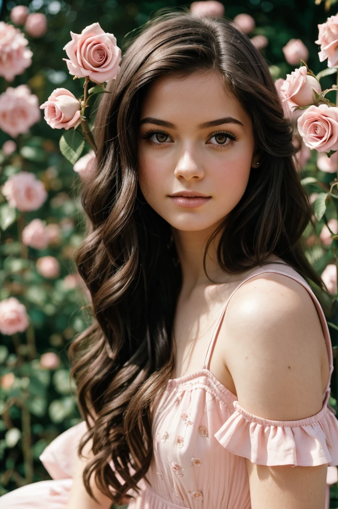 8k, photo and gross, fujifilm, Style photography of a beautiful young girl like Avril in a light pink rose garden. (very detailed skin: 1.2) Style-Petal BREAK long hair, dark hair with curls, wearing a dress, film grain, 35mm, beautiful style
