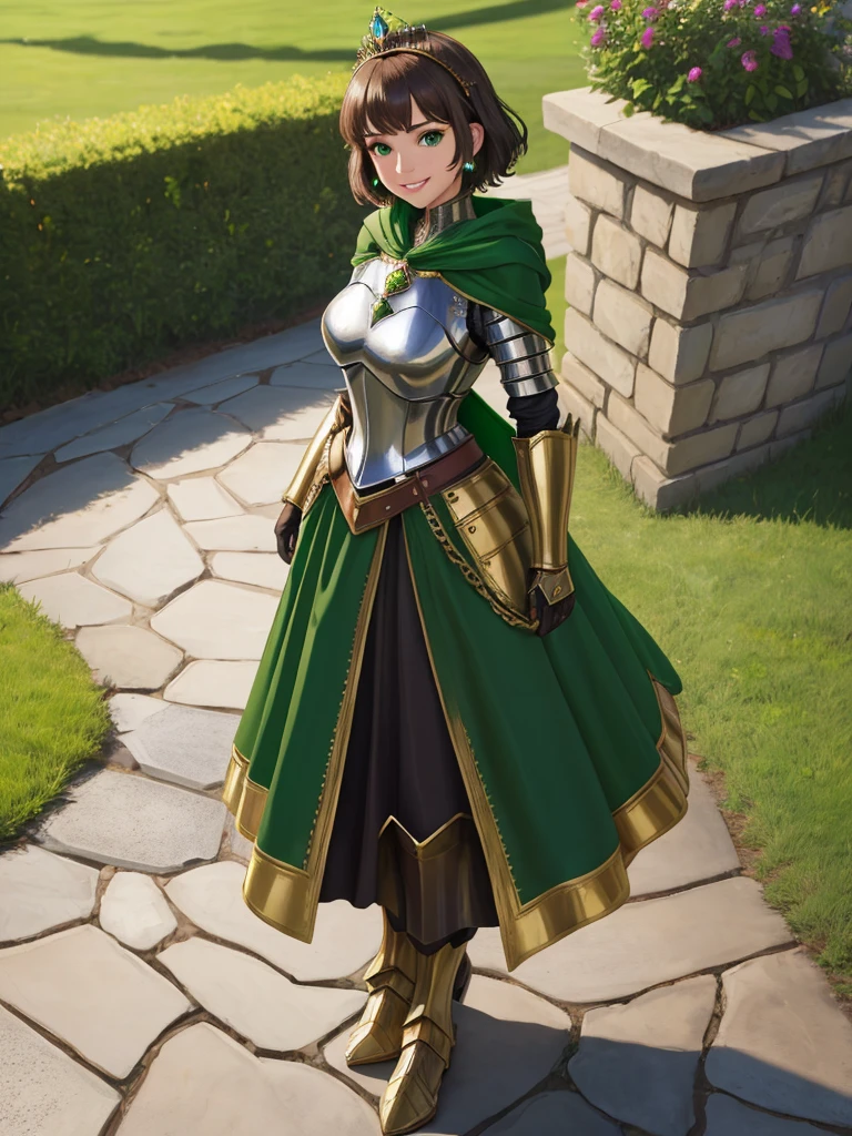 masterpiece, best quality:1.2), 1girl, smile, looking at viewer, green eyes, short brown hair, princess, armor, , pauldrons, armored dress, green cloak cape, wearing puffy blue ballgown skirt, golden tiara with green gem, armored boots, fingerless gloves, standing in medieval garden