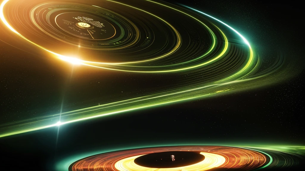 Poster Style，Brighter green background，Vinyl record combined with clock，Front view of the record，Half record, half clock，Reflecting the sense of time travel，Golden text effect for English title on the right，There is a halo of light around the record similar to a black hole，Extremely high definition picture quality，quality，Real texture，Sci-fi style