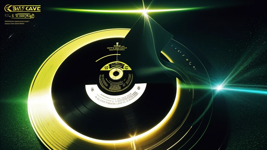 Poster Style，Brighter green background，Vinyl record combined with clock，Front view of the record，Half record, half clock，Reflecting the sense of time travel，Golden text effect for English title on the right，There is a halo of light around the record similar to a black hole，Extremely high definition picture quality，quality，Real texture，Sci-fi style