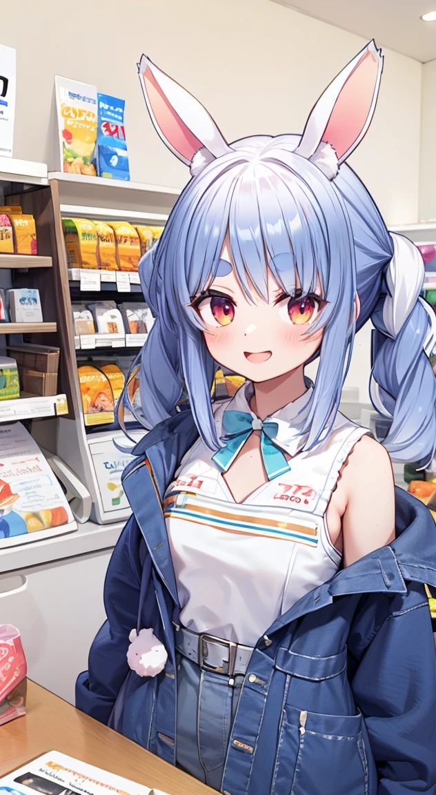 masterpiece,Highest quality,convenience store,shopping,Stand in front of the cash register,YouTube,Virtual YouTuber,Usada Pekora,A happy look,Number 27,