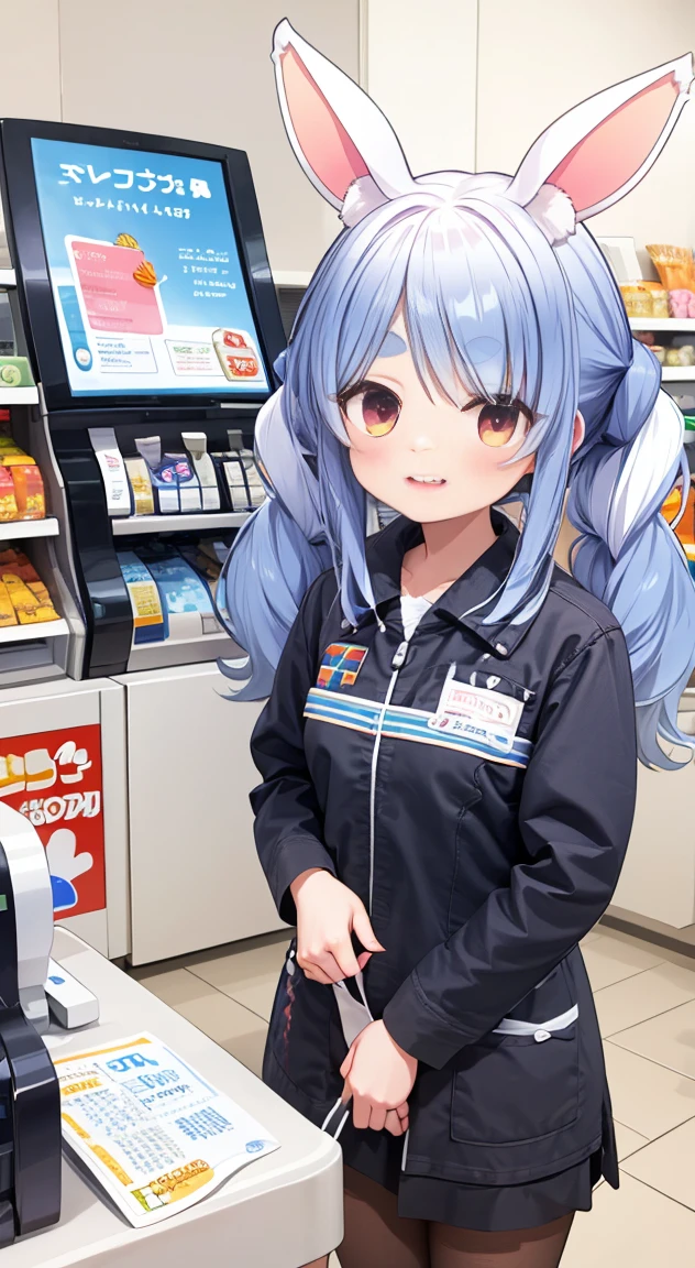 masterpiece,Highest quality,convenience store,shopping,Stand in front of the cash register,YouTube,Virtual YouTuber,Usada Pekora,A happy look,Number 27,