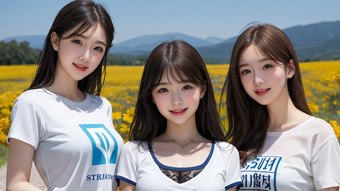 (3 girls), Young faceอินโดนีเซีย, 12 years,smile, white skin, Round breast, blue eyes,((Wear a shirt that shows off your chest.))Masterpiece, Highest quality, 8K, beautiful girl, Young face、 photography, Cute face, thigh,In the meadow, Embarrassing、รอยsmile、((((((อายุ 12 years))))))、small waist、 ((Busty breasts))