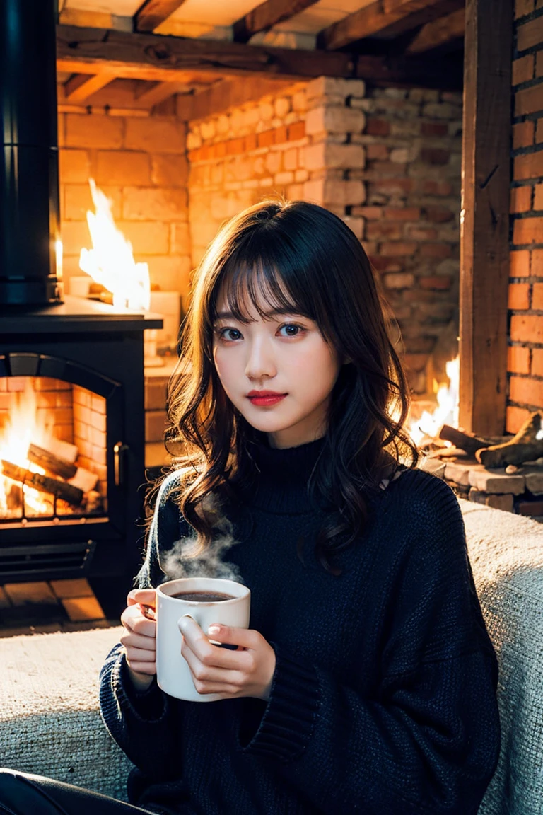 A woman with blond, wavy, curly hair and blue eyes、Relaxing in front of the fireplace in a snowy mountain lodge。She is wearing a thick knit sweater and leggings.、Wearing fluffy slippers。In the background is a fireplace with a warm fire burning.、Wooden furniture lined up、There is a cozy atmosphere。She is holding a mug of hot chocolate、Smiling while wrapped in a blanket。Outside the window the snow is falling、The winter scenery unfolds。The fireplace light softly illuminated her face.、Providing a relaxing and warm atmosphere。