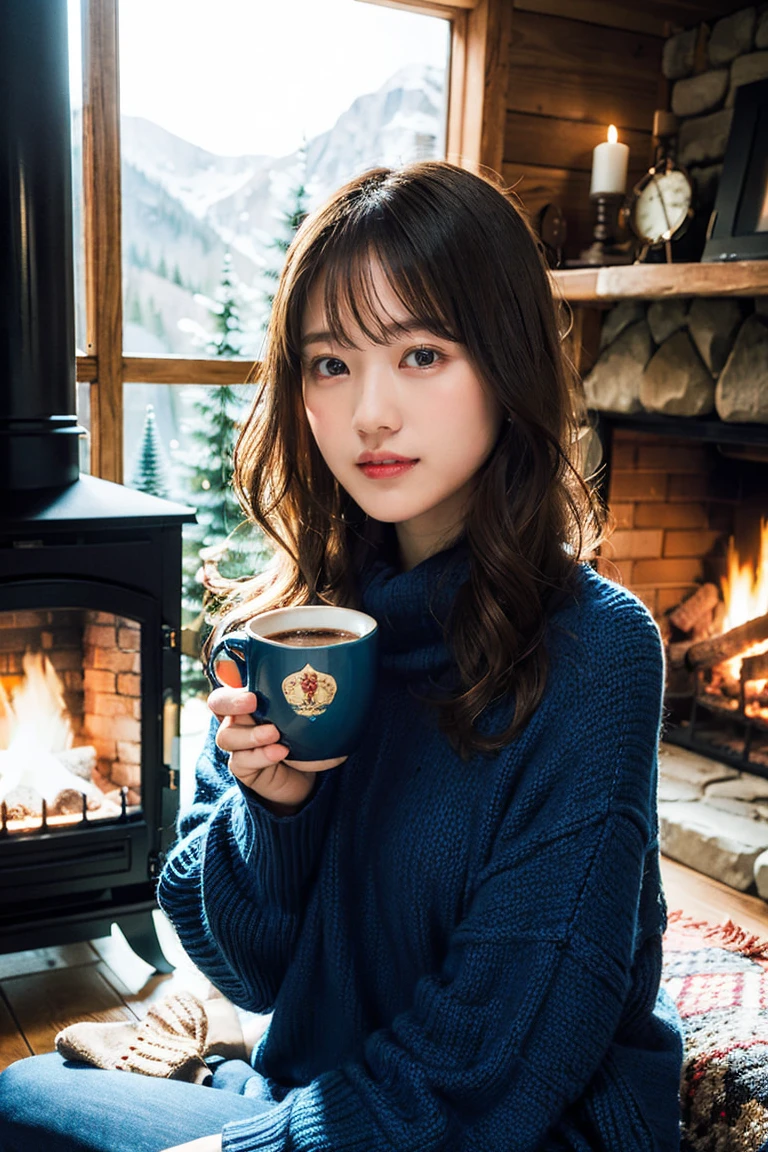 A woman with blond, wavy, curly hair and blue eyes、Relaxing in front of the fireplace in a snowy mountain lodge。She is wearing a thick knit sweater and leggings.、Wearing fluffy slippers。In the background is a fireplace with a warm fire burning.、Wooden furniture lined up、There is a cozy atmosphere。She is holding a mug of hot chocolate、Smiling while wrapped in a blanket。Outside the window the snow is falling、The winter scenery unfolds。The fireplace light softly illuminated her face.、Providing a relaxing and warm atmosphere。