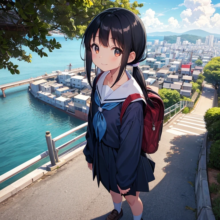 1girl, standing, head tilt,
(downhill:1.2), (sloped road), wide single road in Japan, (sea in distance:1.4), (port city:1.4), cityscape in distance,
gentle smile, 15yo,
(low twintails girl), low pigtails, black hair, very long hair,
long sleeves, navy-blue serafuku with blue ribbon, navy-blue ,
1 school bag on right shoulder,
(brown eye),
city area, stylish, urban,
electric pole, white line on the road, tree on side, white residences on side,
gantry crane, afternoon, spring, superb view,
from front, from slightly above,
anime, high brightness, detailed face, detailed eyes,
high quality, ultra detailed, masterpiece, FHD