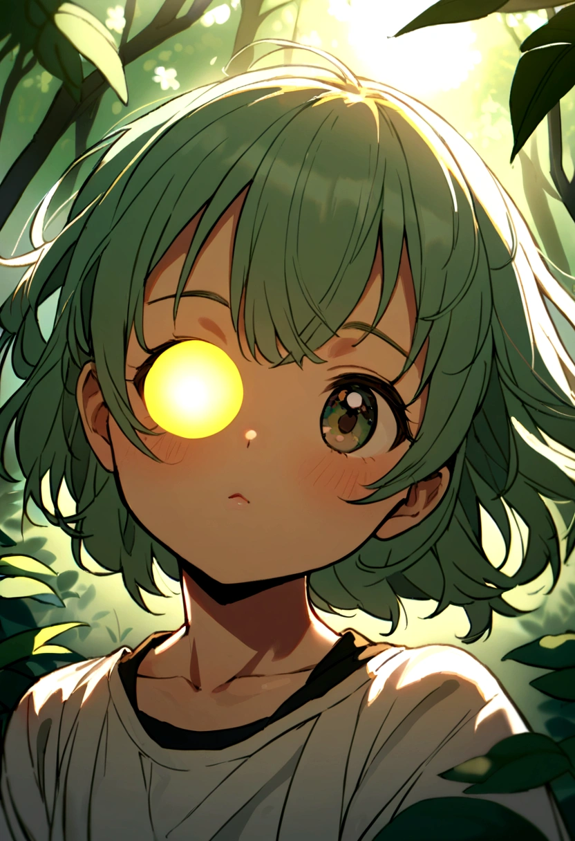 12 year old girl playing with sun rays in a forest