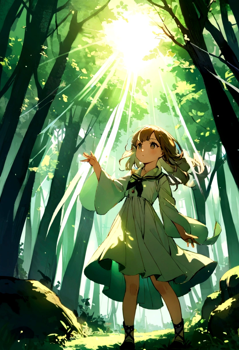12 year old girl playing with sun rays in a forest