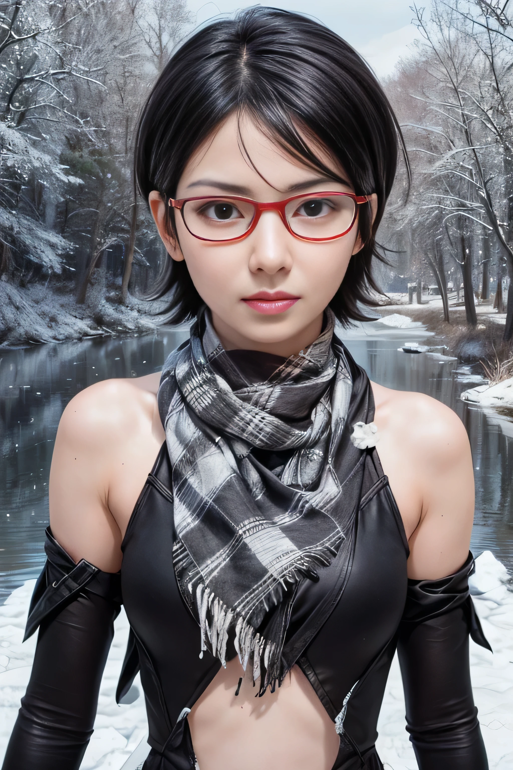 masterpiece, best quality, (realistic,photo-realistic:1.4), (RAW photo:1.2), extremely detailed CG unity 8k wallpaper, delicate and beautiful, amazing,finely detail, official art, absurdres, incredibly absurdres, huge filesize, ultra-detailed,extremely detailed eyes and face,light on face,(little smile),(black hair:1.4),(wearing white coat:1.4),(very short hair:1.4),nature,sarada uchiha ,(wearing red framed glasses:1.4),(nature background:1.4),(wearing black dress:1.4),(checked scarf:1.3)