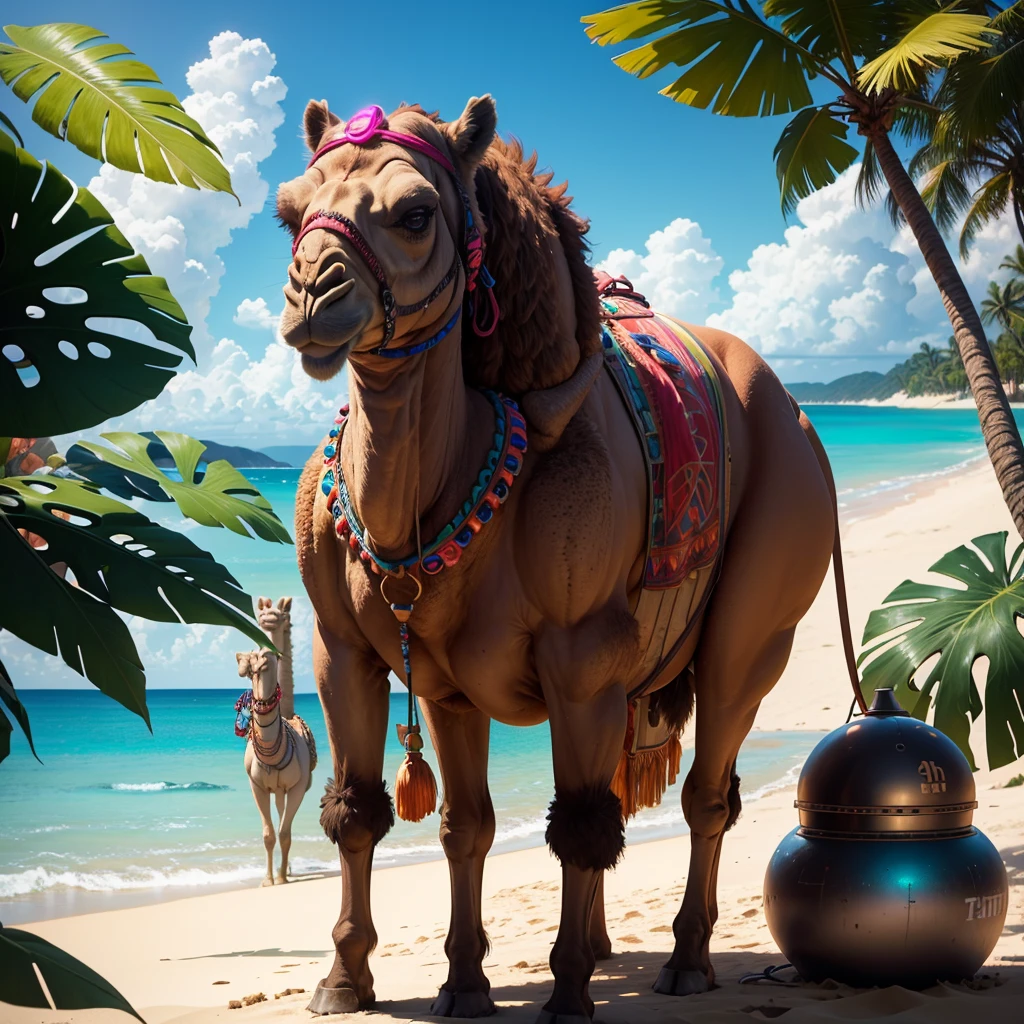 a camel on a tropical beach, wearing a bikini top on its humps,background has bomb testing, by "Beeple", revised by "Banksy", hyper detailed, 8k, ultra-detailed, incredibly realistic, award winning digital art, cinematic lighting, vivid colors, stunning composition, masterpiece, photorealistic