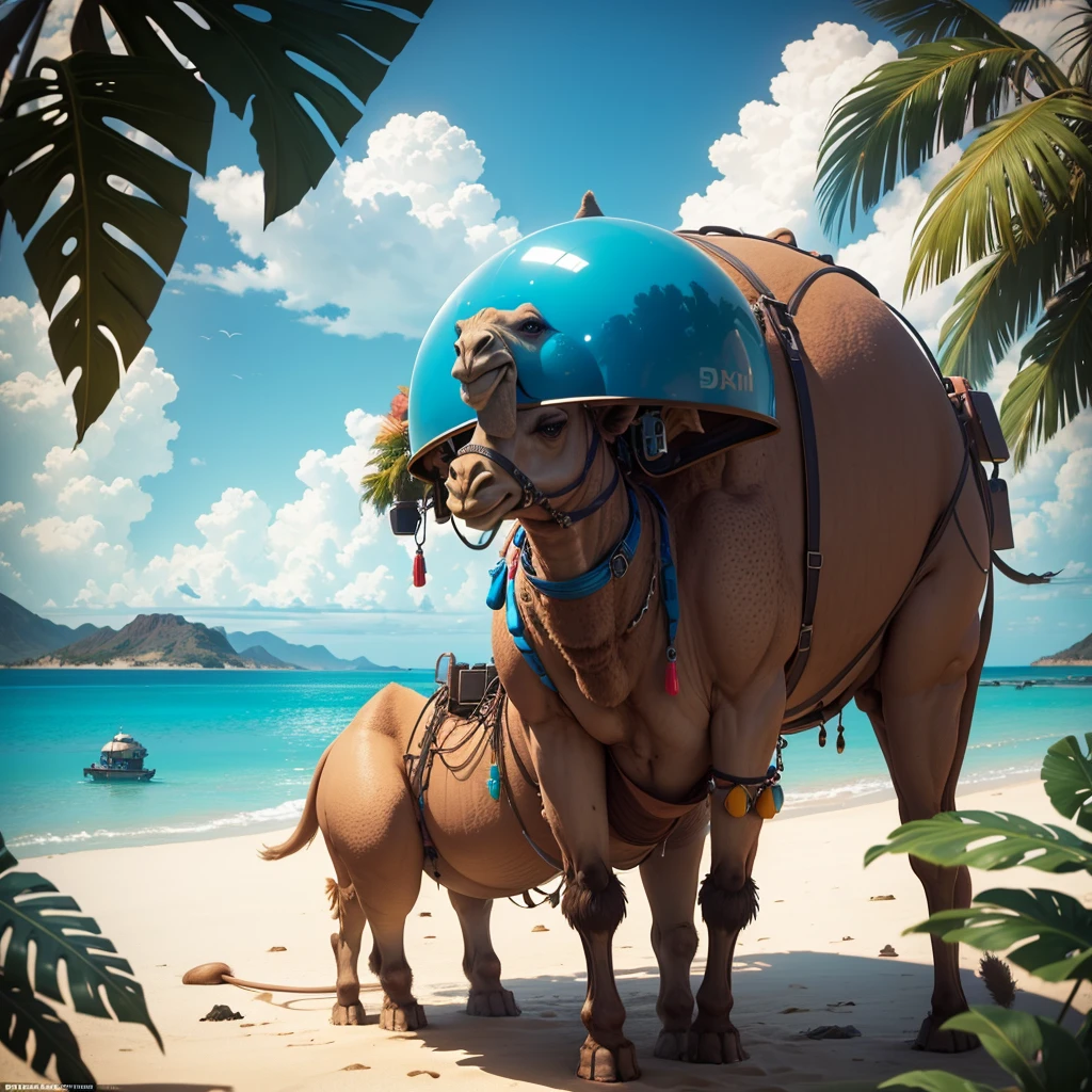 a camel on a tropical beach, wearing a bikini top on its humps,background has bomb testing, by "Beeple", revised by "Banksy", hyper detailed, 8k, ultra-detailed, incredibly realistic, award winning digital art, cinematic lighting, vivid colors, stunning composition, masterpiece, photorealistic