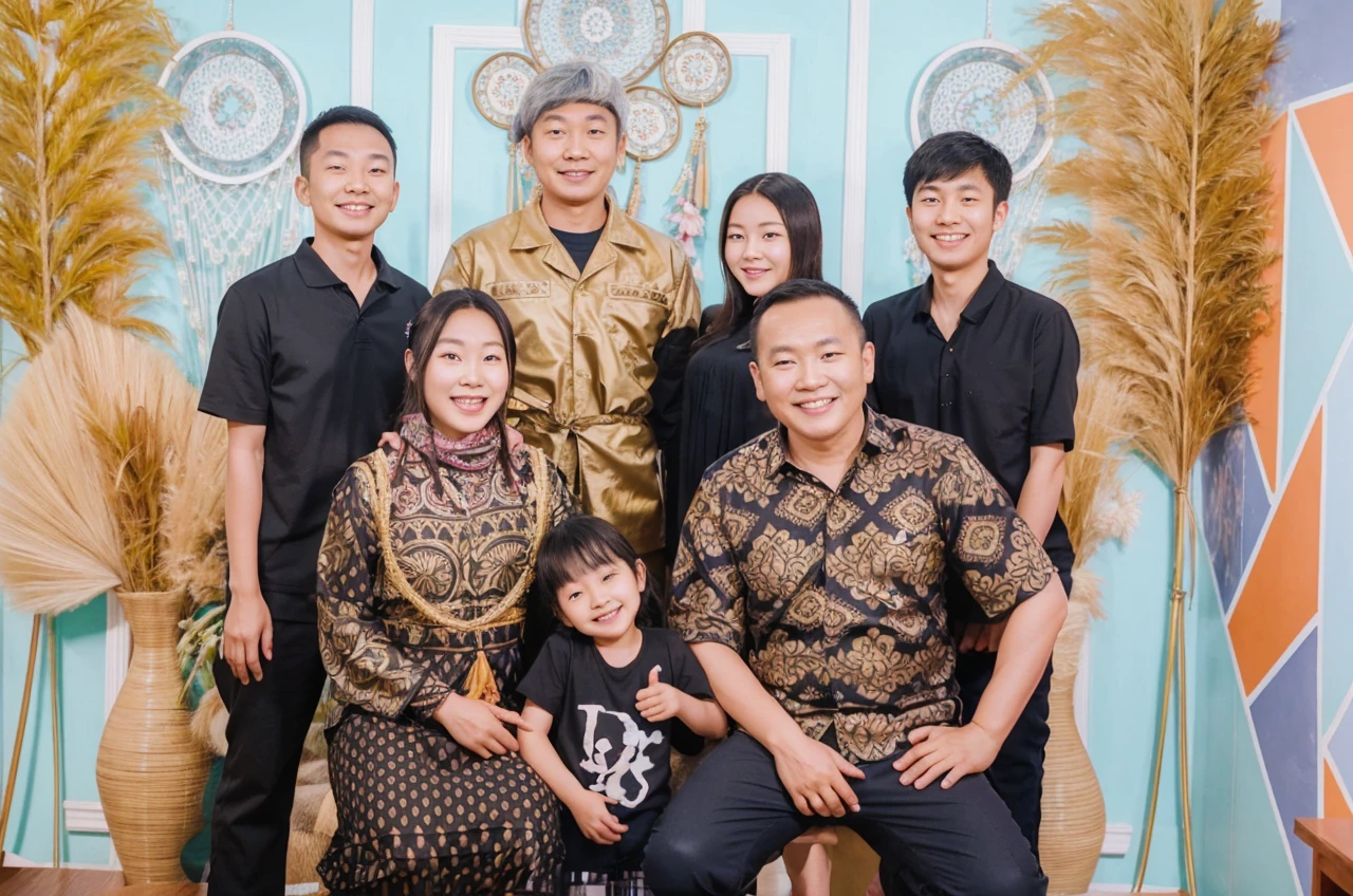 Draw a family portrait of me, Xiao Gong and our three children,Xiao Gong is a character from a game called Genshin Impact, who has a cheerful and lively personality.,Please draw a picture with the second dimension as the photo
