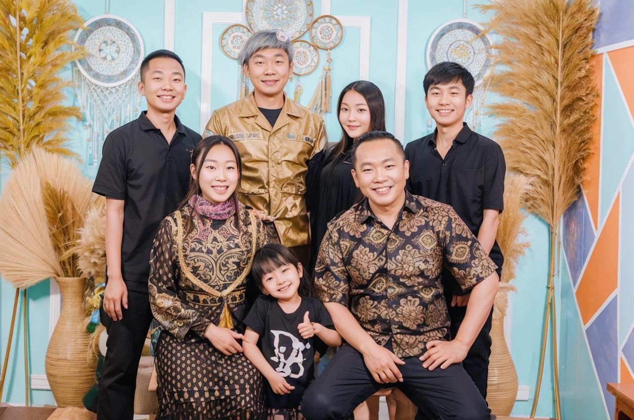 Draw a family portrait of me, Xiao Gong and our three children,Xiao Gong is a character from a game called Genshin Impact, who has a cheerful and lively personality.,Please draw a picture with the second dimension as the photo