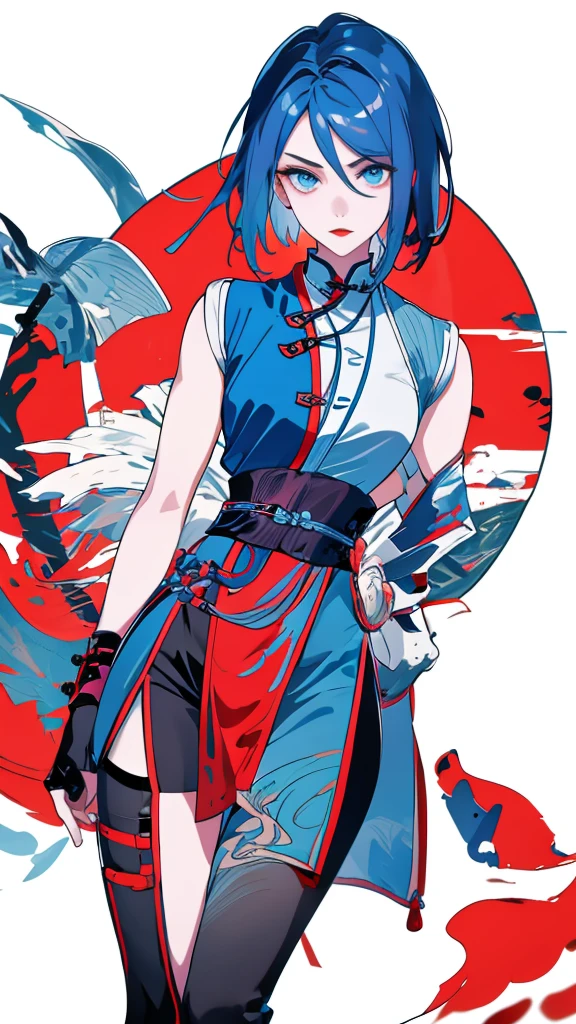 Masterpiece, Best quality, 1 Ji Ruxue, the expression is cold, strong, blue eyes, short hair, wolfcut hairstyle, smoky mix blue color hair, resolute eyes, red lips, simple Taoist Taoist uniform, Chinese mix morden, frontal photo, black or white background, simple background, anime, illustration, Chinese style short-sleeved shirt, cool girl, Fullbody, full HD