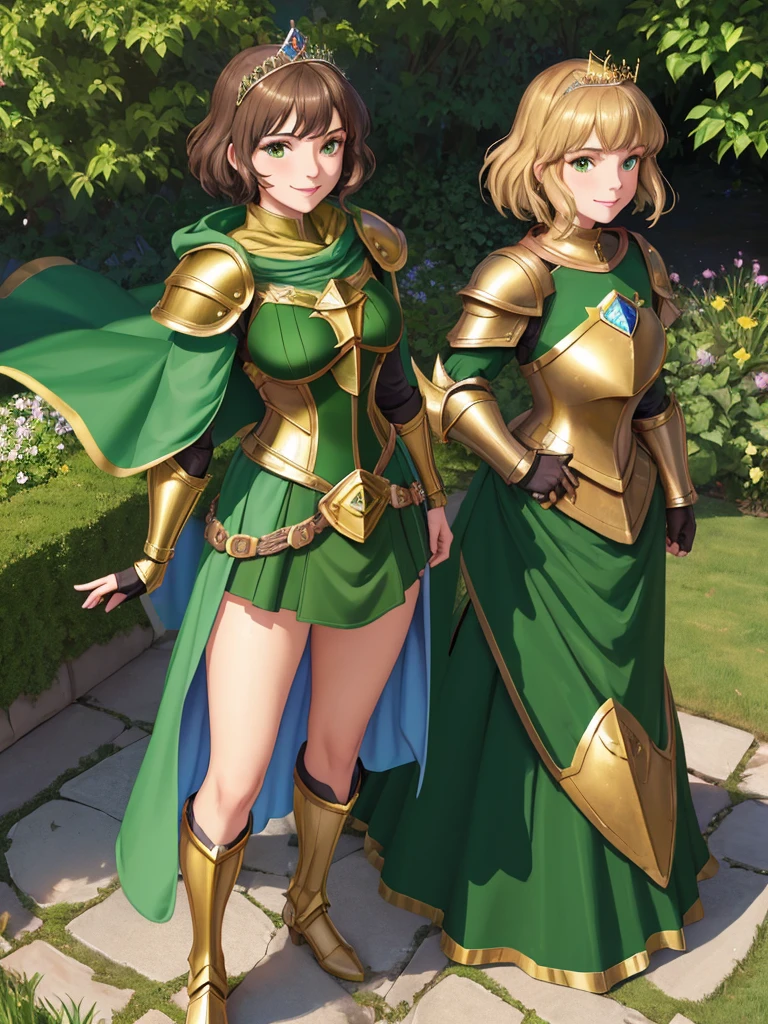 masterpiece, best quality:1.2), 1girl, smile, looking at viewer, green eyes, short brown hair, princess, armor, , pauldrons, armored dress, green cloak cape, wearing puffy blue ballgown skirt, golden tiara with green gem, armored boots, fingerless gloves, standing in medieval garden